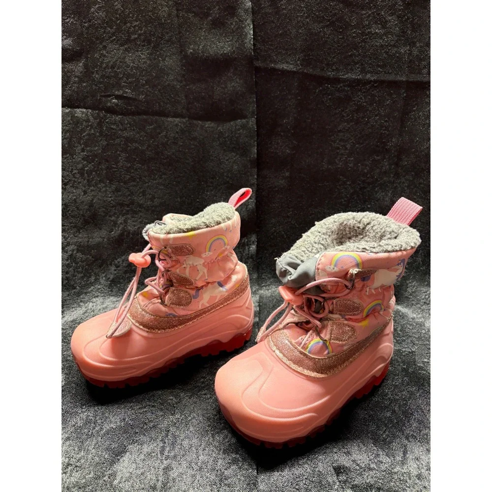 Girls Pink Unicorn Rainbow Snow Boots Glitter Trim Faux Fur Lined Winter Boots